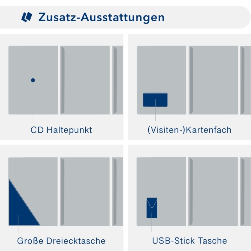 Karton-Mappe mit Metallic-Effekt 3-teilig in Silber mit Dreiecktaschen (re.) und 2 Klemmschienen