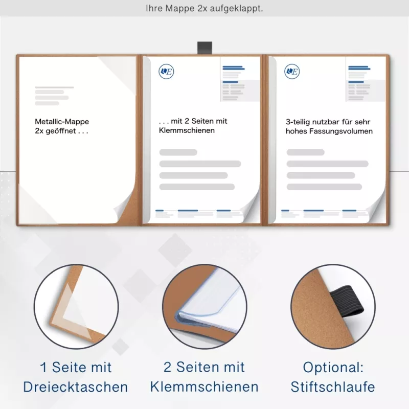 Karton-Mappe mit Metallic-Effekt 3-teilig in Kupfer mit Dreiecktaschen (li.) und 2 Klemmschienen