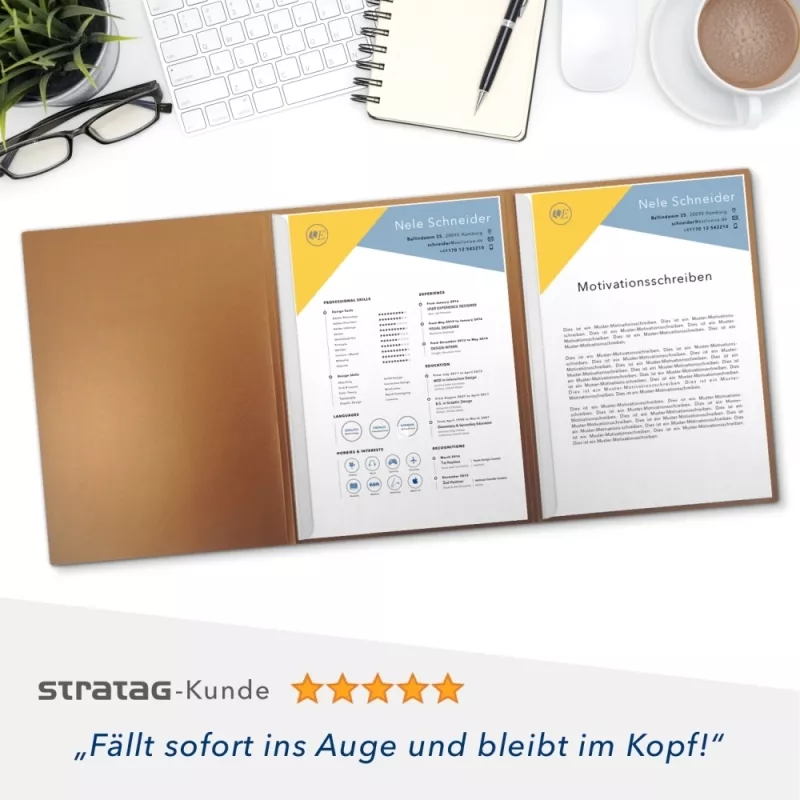 Karton-Mappe mit Metallic-Effekt 3-teilig in Kupfer mit runder Metallklammer (re.) und 2 Klemmschienen