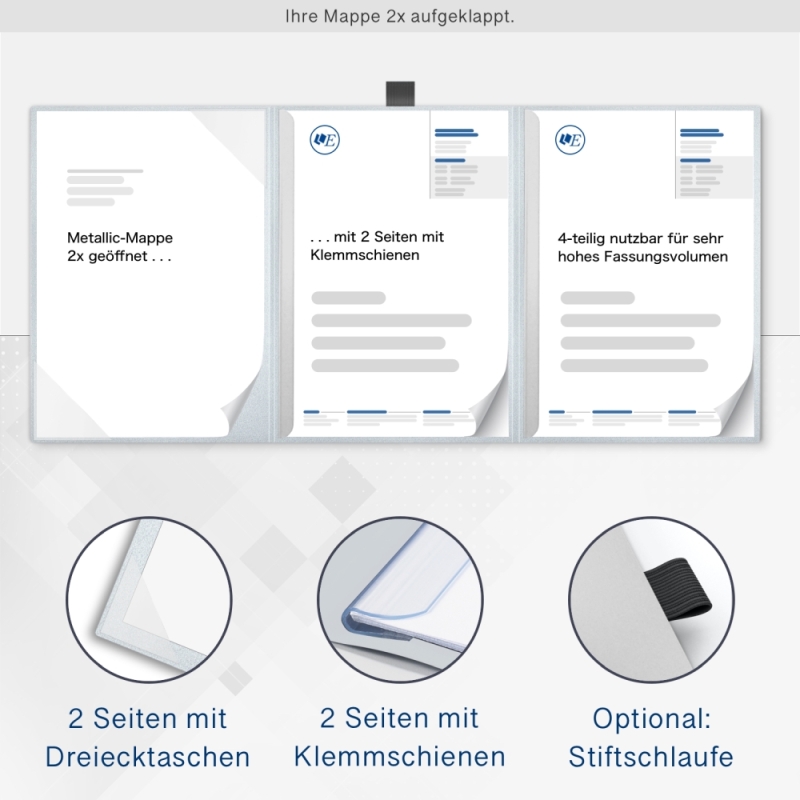 Karton-Mappe mit Metallic-Effekt 4-teilig in Silber mit 2 Seiten Dreiecktaschen und 2 Klemmschienen