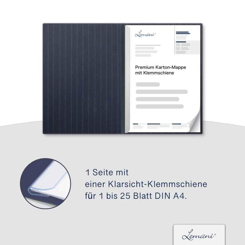 Premium Karton-Mappe mit Nadelstreifen-Design 1-teilig in navy blue mit 1 Klemmschiene