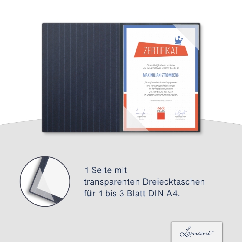 Premium Karton-Mappe mit Nadelstreifen-Design 1-teilig in navy blue mit Dreiecktaschen