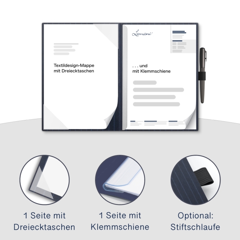 Karton-Mappe mit Nadelstreifen-Design 2-teilig in navy blue mit Dreiecktaschen und 1 Klemmschiene