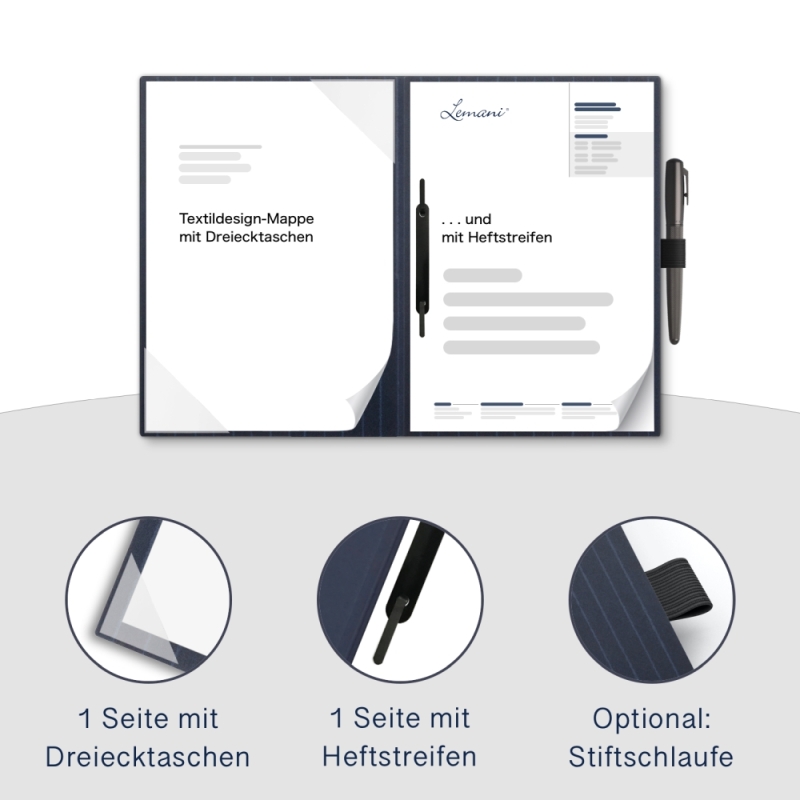 Karton-Mappe mit Nadelstreifen-Design 2-teilig in navy blue mit Dreiecktaschen und 1 Heftstreifen