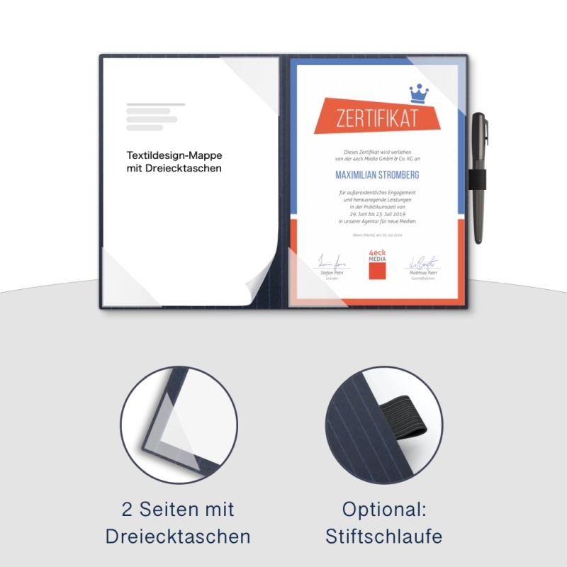 Premium Karton-Mappe mit Nadelstreifen-Design 2-teilig in navy blue mit 2 Seiten Dreiecktaschen