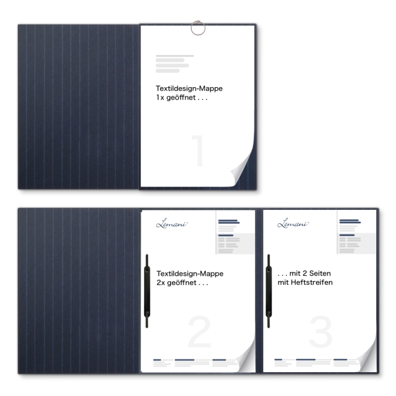 Karton-Mappe mit Nadelstreifen-Design 3-teilig in navy blue mit runder Metallklammer (re.) und 2 Heftstreifen