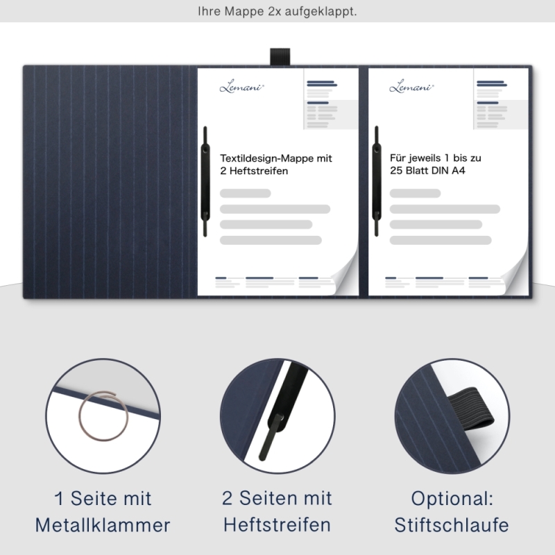 Karton-Mappe mit Nadelstreifen-Design 3-teilig in navy blue mit runder Metallklammer (re.) und 2 Heftstreifen