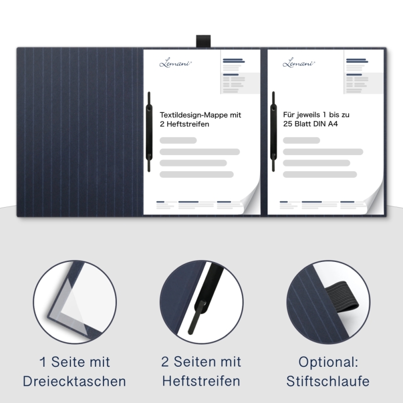 Karton-Mappe mit Nadelstreifen-Design 3-teilig in navy blue mit Dreiecktaschen (re.) und 2 Heftstreifen