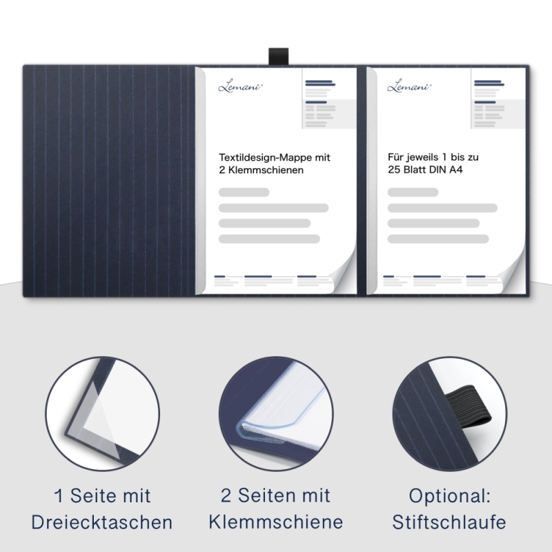 Karton-Mappe mit Nadelstreifen-Design 3-teilig in navy blue mit Dreiecktaschen (re.) und 2 Klemmschienen