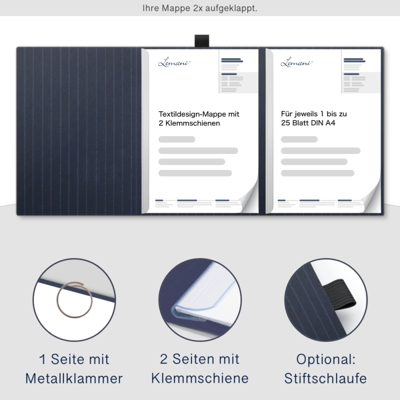Karton-Mappe mit Nadelstreifen-Design 3-teilig in navy blue mit runder Metallklammer (re.) und 2 Klemmschienen