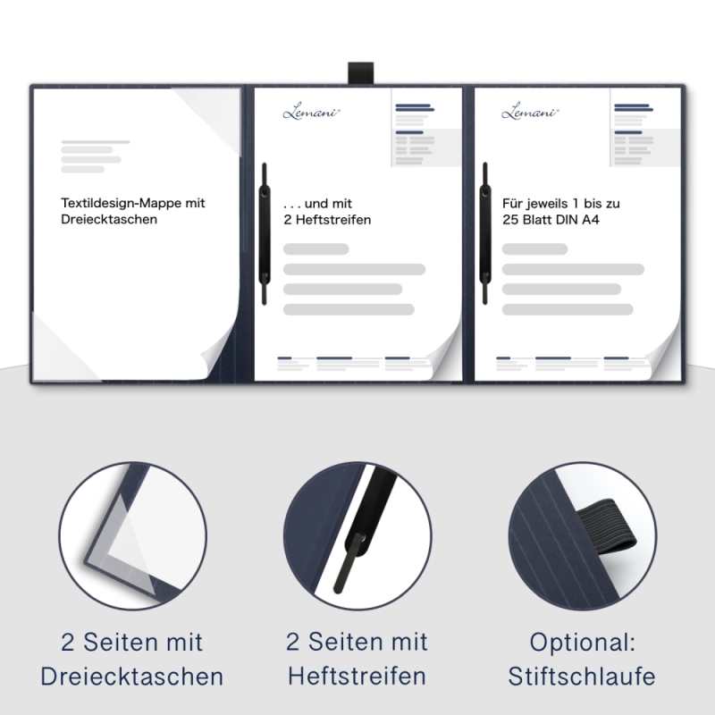Karton-Mappe mit Nadelstreifen-Design 4-teilig in navy blue mit 2 Seiten Dreiecktaschen und 2 Heftstreifen