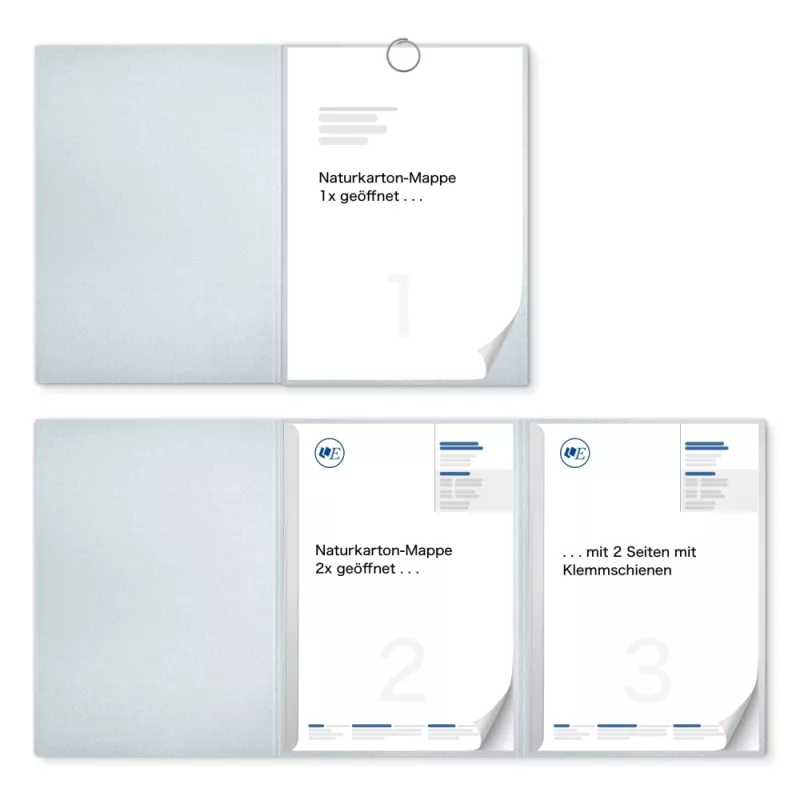 Karton-Mappe mit Metallic-Effekt 3-teilig in Silber mit runder Metallklammer (re.) und 2 Klemmschienen