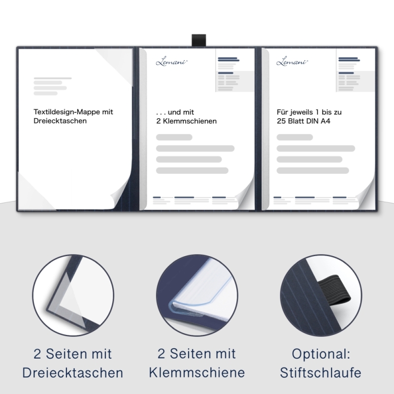 Karton-Mappe mit Nadelstreifen-Design 4-teilig in navy blue mit 2 Seiten Dreiecktaschen und 2 Klemmschienen