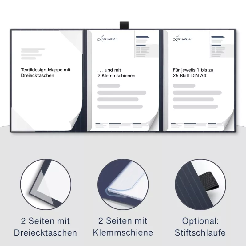 Premium Karton-Mappe mit Nadelstreifen-Design 4-teilig in navy blue mit 2 Seiten Dreiecktaschen und 2 Klemmschienen