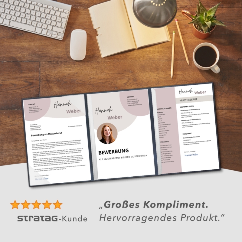 Karton-Mappe mit Nadelstreifen-Design 4-teilig in navy blue mit 2 Seiten Dreiecktaschen und 2 Klemmschienen