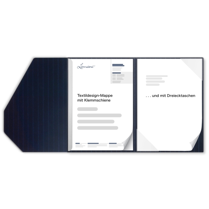 Karton-Mappe mit Nadelstreifen-Design 2-teilig in navy blue mit 1 Klemmschiene und Dreiecktaschen und eleganter Verschlusslasche