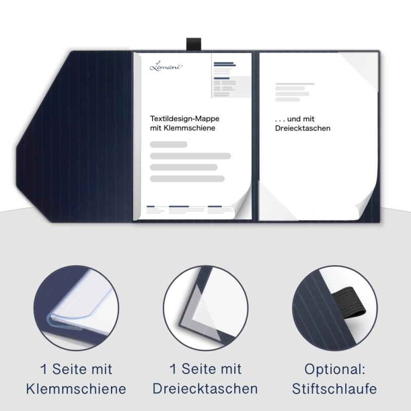 Karton-Mappe mit Nadelstreifen-Design 2-teilig in navy blue mit 1 Klemmschiene und Dreiecktaschen und eleganter Verschlusslasche
