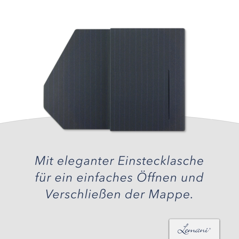 Karton-Mappe mit Nadelstreifen-Design 2-teilig in navy blue mit 1 Klemmschiene und Dreiecktaschen und eleganter Verschlusslasche