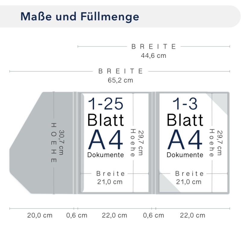 Karton-Mappe mit Nadelstreifen-Design 2-teilig in navy blue mit 1 Klemmschiene und Dreiecktaschen und eleganter Verschlusslasche