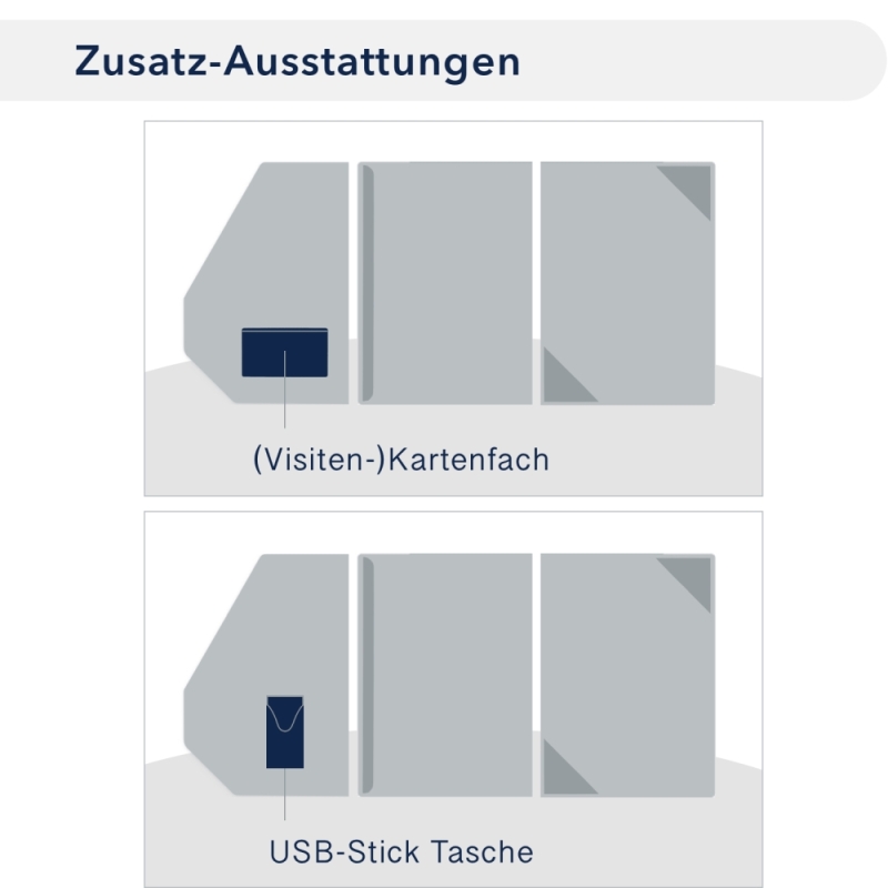 Karton-Mappe mit Nadelstreifen-Design 2-teilig in navy blue mit 1 Klemmschiene und Dreiecktaschen und eleganter Verschlusslasche