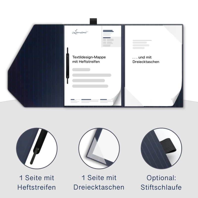 Premium Karton-Mappe mit Nadelstreifen-Design 2-teilig in navy blue mit Dreiecktaschen und 1 Heftstreifen und eleganter Verschlusslasche