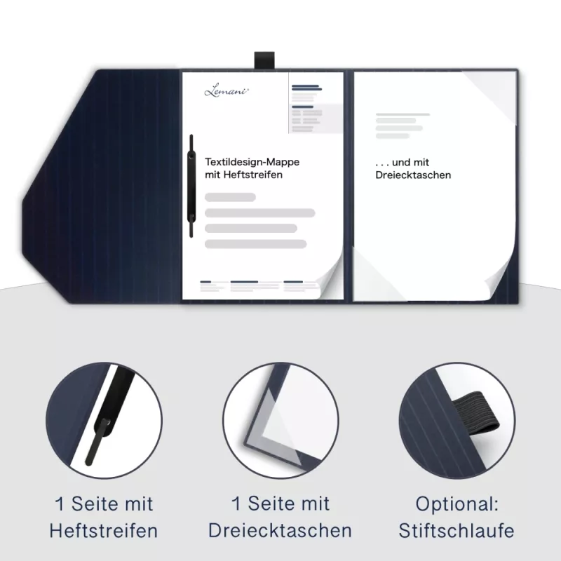 Premium Karton-Mappe mit Nadelstreifen-Design 2-teilig in navy blue mit Dreiecktaschen und 1 Heftstreifen und eleganter Verschlusslasche