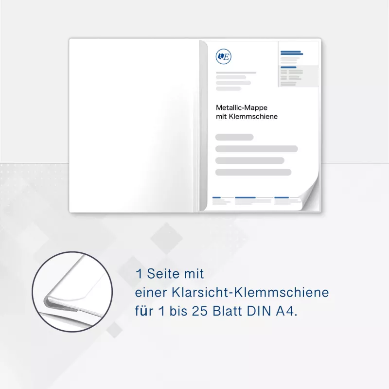 Karton-Mappe mit Metallic-Effekt 1-teilig in Kristallweiß mit 1 Klemmschiene