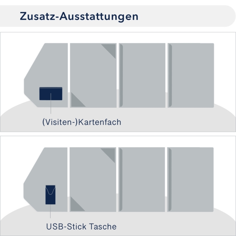 Premium Karton-Mappe mit Nadelstreifen-Design 4-teilig in navy blue mit 2 Seiten Dreiecktaschen, 2 Klemmschienen und elegantem Steckverschluss