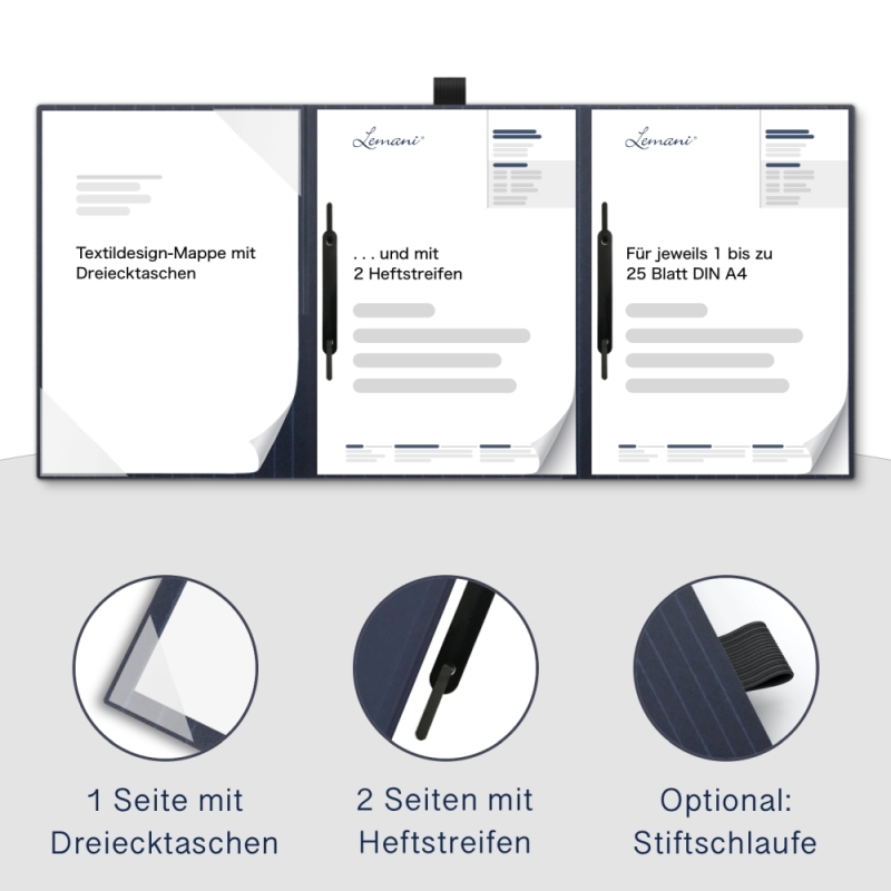 Karton-Mappe mit Nadelstreifen-Design 3-teilig in navy blue mit Dreiecktaschen (li.) und 2 Heftstreifen