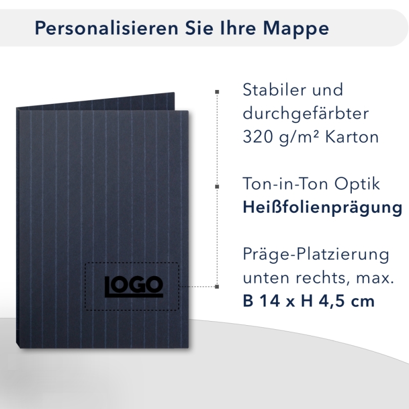 Premium Karton-Mappe mit Nadelstreifen-Design 3-teilig in navy blue mit Dreiecktaschen (li.) und 2 Heftstreifen
