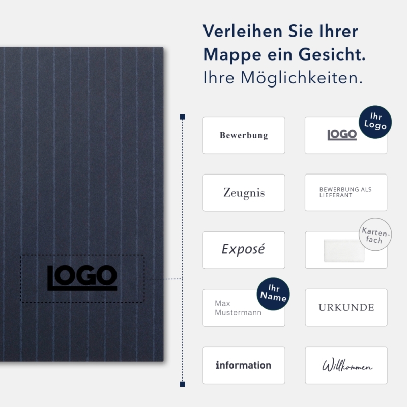 Karton-Mappe mit Nadelstreifen-Design 3-teilig in navy blue mit Dreiecktaschen (li.) und 2 Heftstreifen