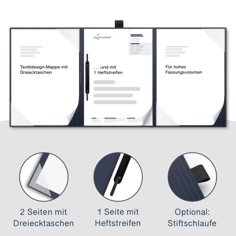 Karton-Mappe mit Nadelstreifen-Design 3-teilig in navy blue mit 2 Seiten Dreiecktaschen und 1 Heftstreifen
