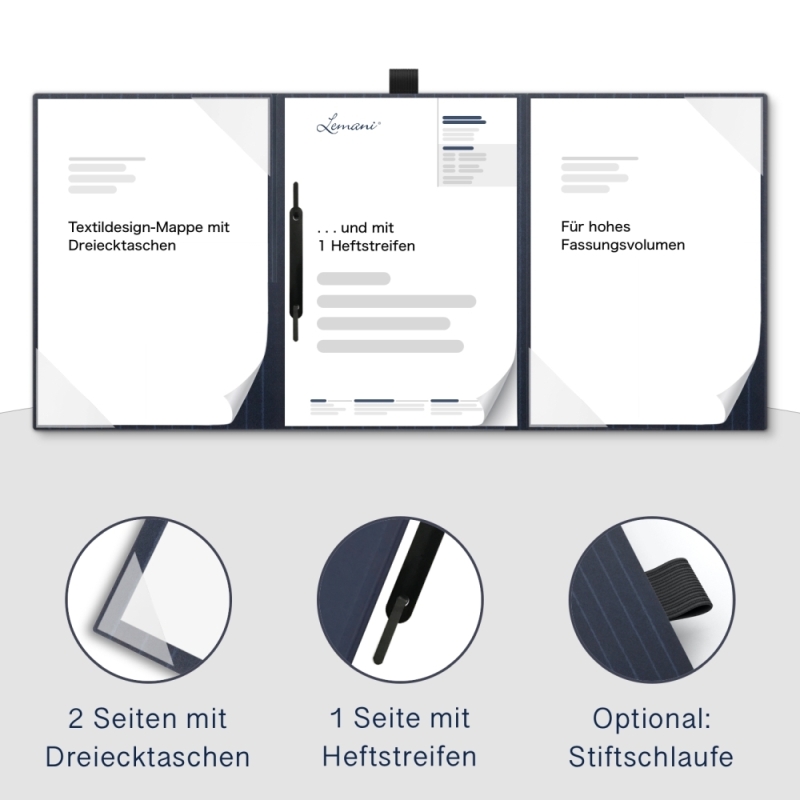 Premium Karton-Mappe mit Nadelstreifen-Design 3-teilig in navy blue mit 2 Seiten Dreiecktaschen und 1 Heftstreifen