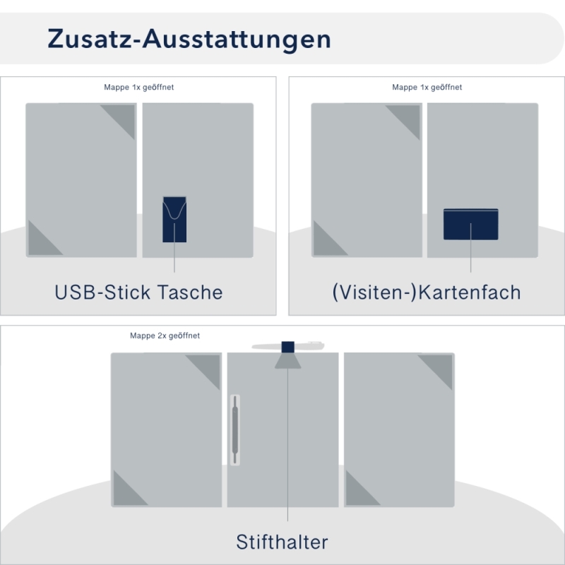 Premium Karton-Mappe mit Nadelstreifen-Design 3-teilig in navy blue mit 2 Seiten Dreiecktaschen und 1 Heftstreifen