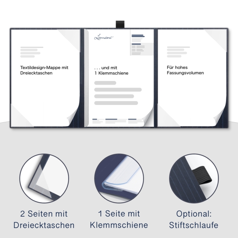 Karton-Mappe mit Nadelstreifen-Design 3-teilig in navy blue mit 2 Seiten Dreiecktaschen und 1 Klemmschiene