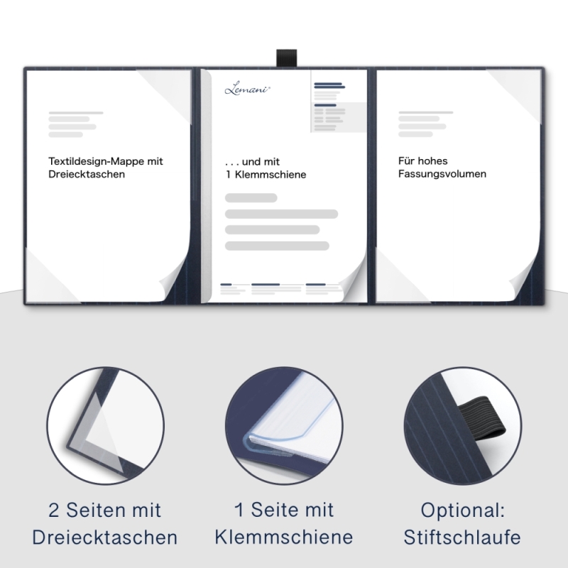 Premium Karton-Mappe mit Nadelstreifen-Design 3-teilig in navy blue mit 2 Seiten Dreiecktaschen und 1 Klemmschiene