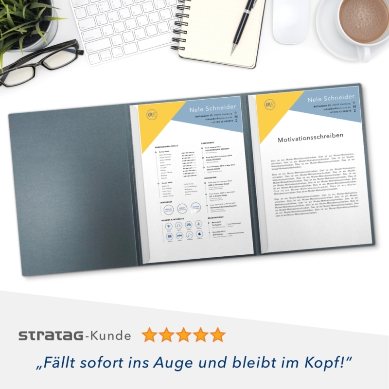 Karton-Mappe mit Metallic-Effekt 3-teilig in Zink mit Dreiecktaschen (re.) und 2 Heftstreifen