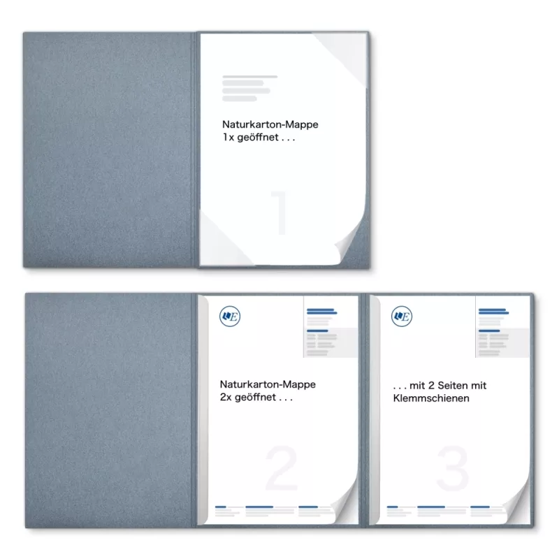 Karton-Mappe mit Metallic-Effekt 3-teilig in Zink mit Dreiecktaschen (re.) und 2 Klemmschienen