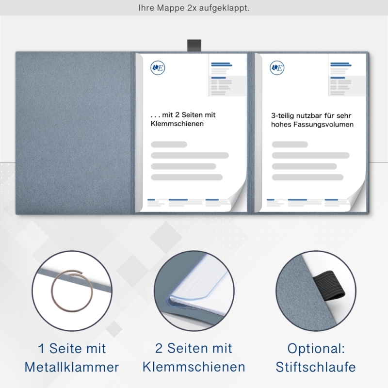 Karton-Mappe mit Metallic-Effekt 3-teilig in Zink mit runder Metallklammer (re.) und 2 Klemmschienen