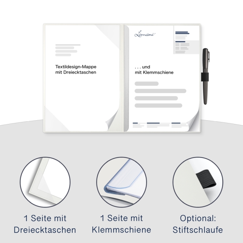 Karton-Mappe mit Textil-Design 2-teilig in pearl white mit Dreiecktaschen und 1 Klemmschiene