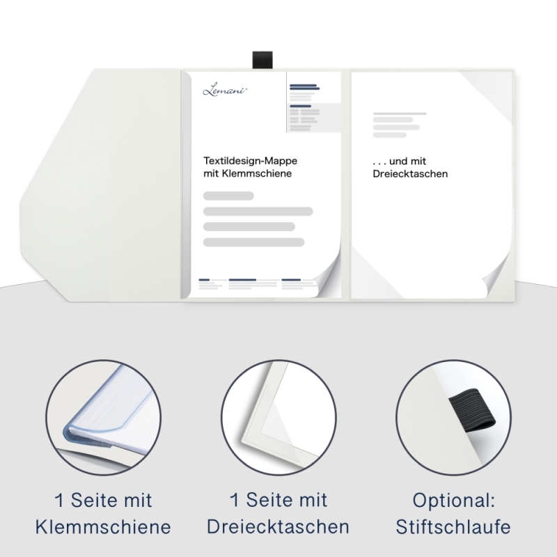 Karton-Mappe mit Textil-Design 2-teilig in pearl white mit 1 Klemmschiene und Dreiecktaschen und eleganter Verschlusslasche