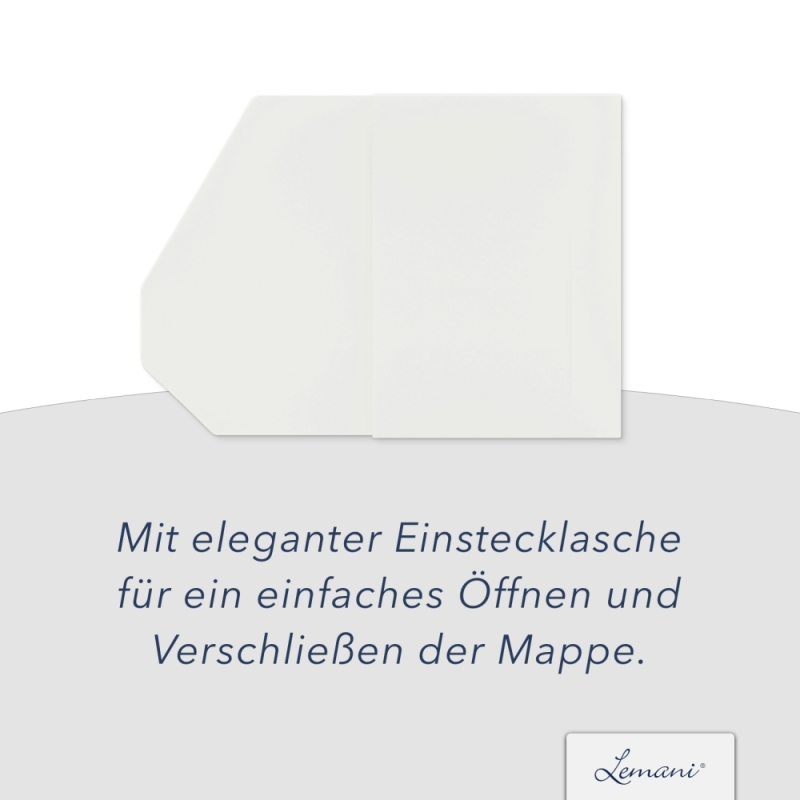 Karton-Mappe mit Textil-Design 2-teilig in pearl white mit 1 Klemmschiene und Dreiecktaschen und eleganter Verschlusslasche