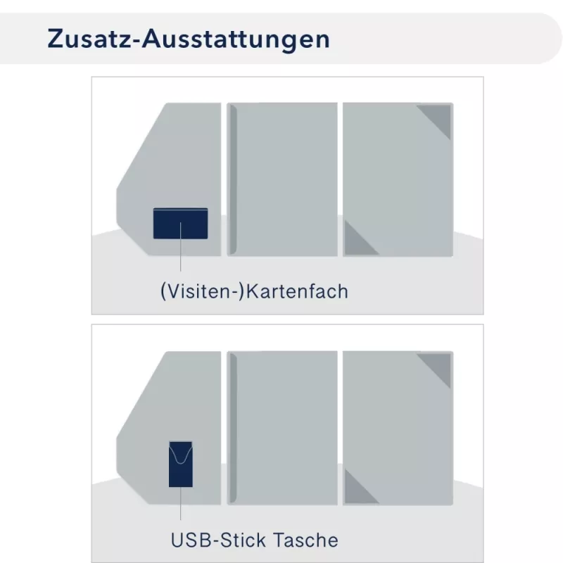 Premium Karton-Mappe 2-teilig in pearl white mit 1 Klemmschiene und Dreiecktaschen und eleganter Verschlusslasche