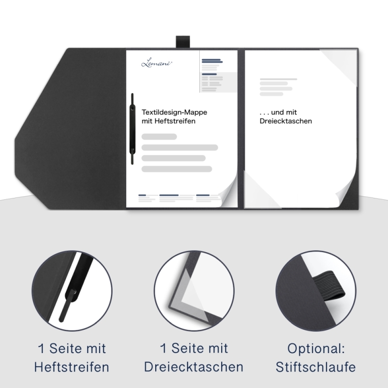 Karton-Mappe mit Textil-Design 2-teilig in dark grey mit 1 Heftstreifen und Dreiecktaschen und eleganter Verschlusslasche