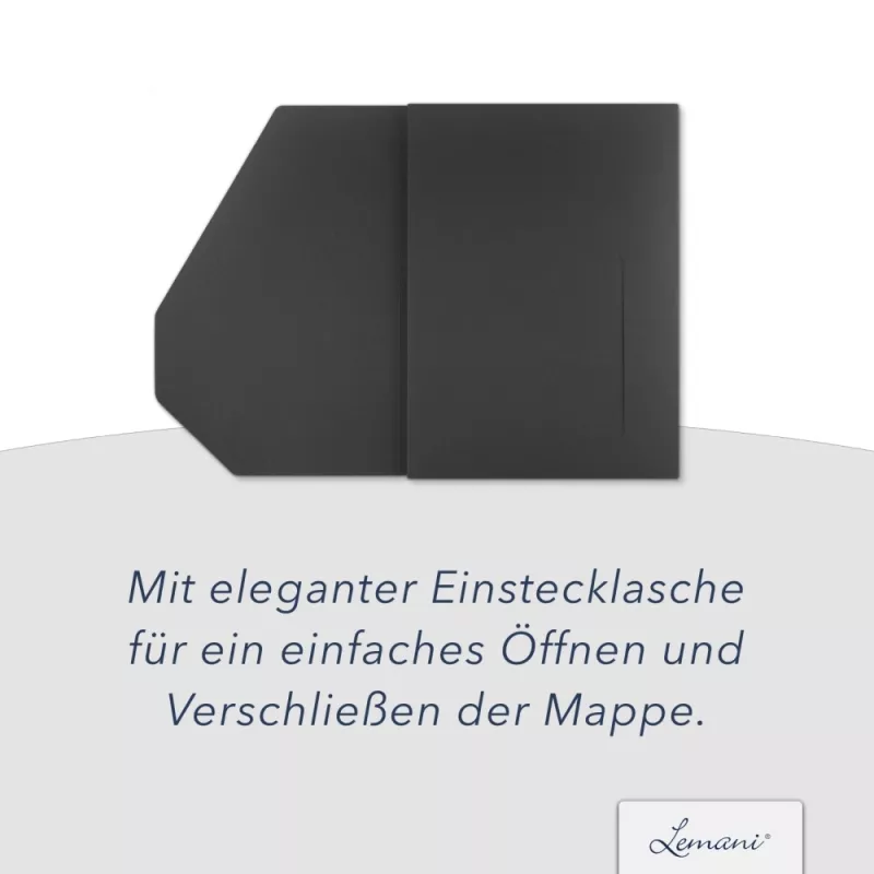 Premium Karton-Mappe 2-teilig in dark grey mit 1 Heftstreifen und Dreiecktaschen und eleganter Verschlusslasche