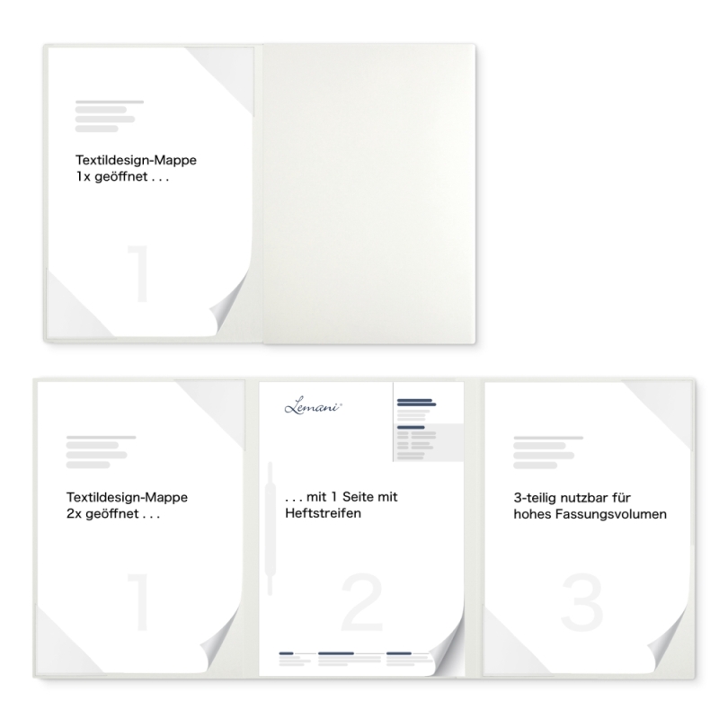 Karton-Mappe mit Textil-Design 3-teilig in pearl white mit 2 Seiten Dreiecktaschen und 1 Heftstreifen