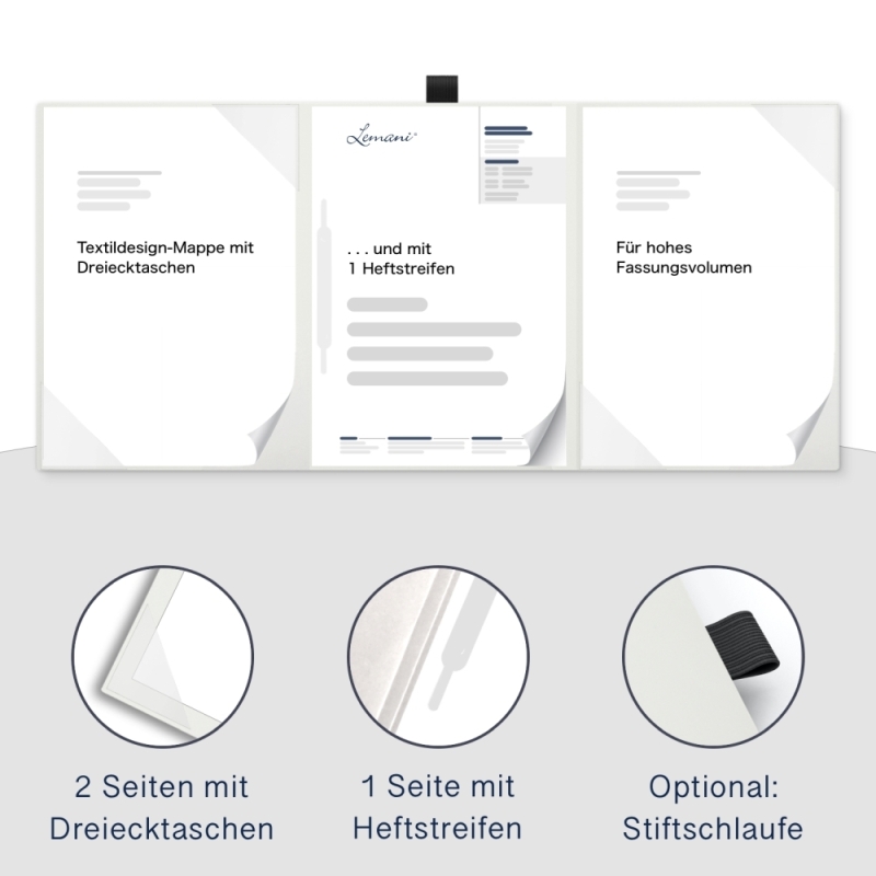 Premium Karton-Mappe 3-teilig in pearl white mit 2 Seiten Dreiecktaschen und 1 Heftstreifen