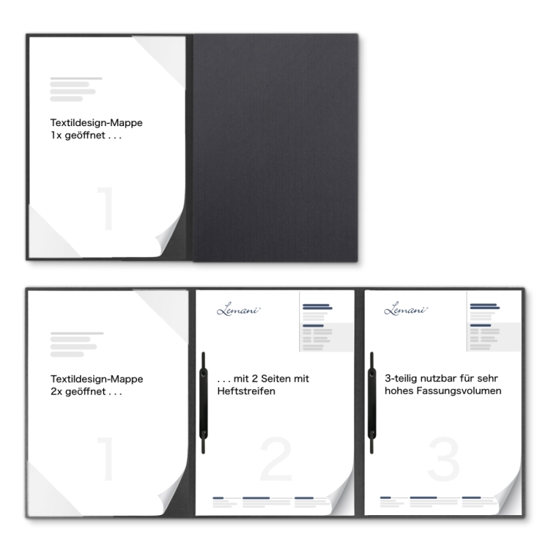 Karton-Mappe mit Textil-Design 3-teilig in dark grey mit Dreiecktaschen (li.) und 2 Heftstreifen