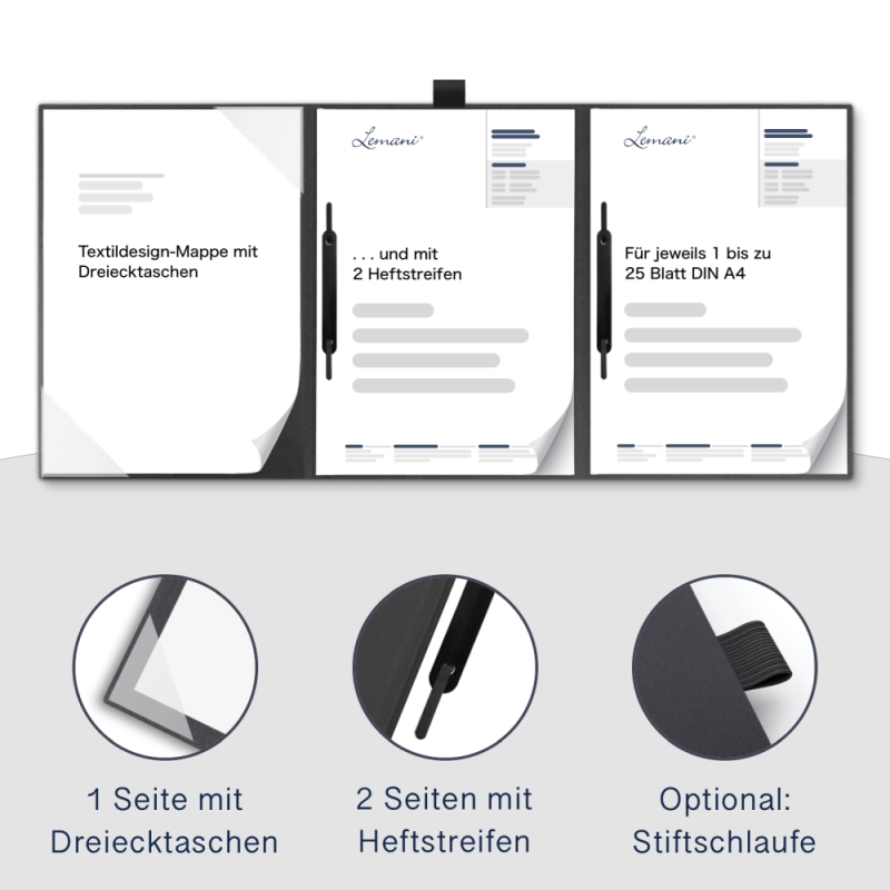 Karton-Mappe mit Textil-Design 3-teilig in dark grey mit Dreiecktaschen (li.) und 2 Heftstreifen