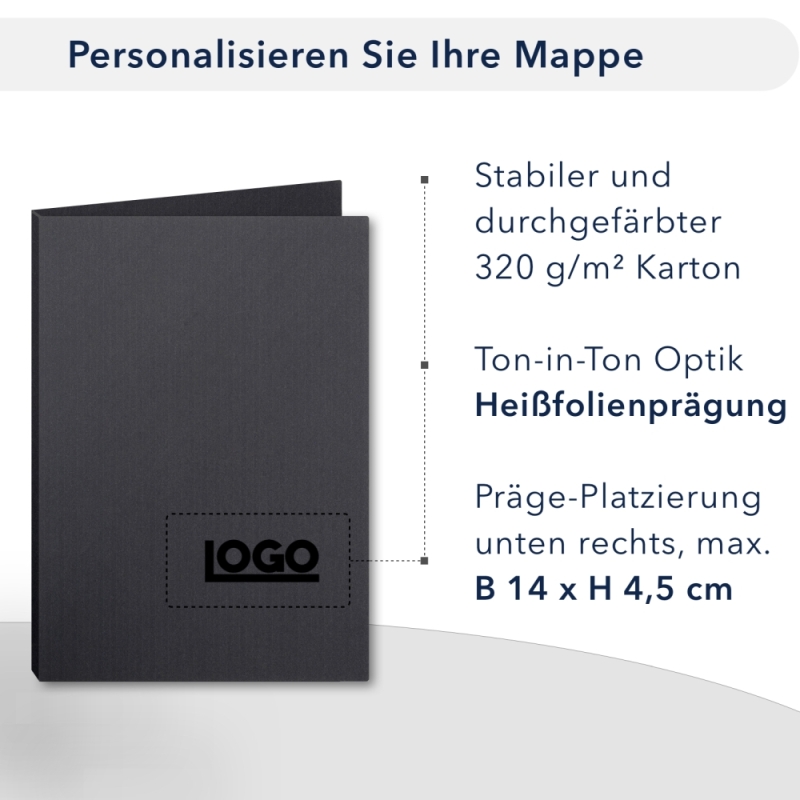 Karton-Mappe mit Textil-Design 3-teilig in dark grey mit Dreiecktaschen (li.) und 2 Heftstreifen